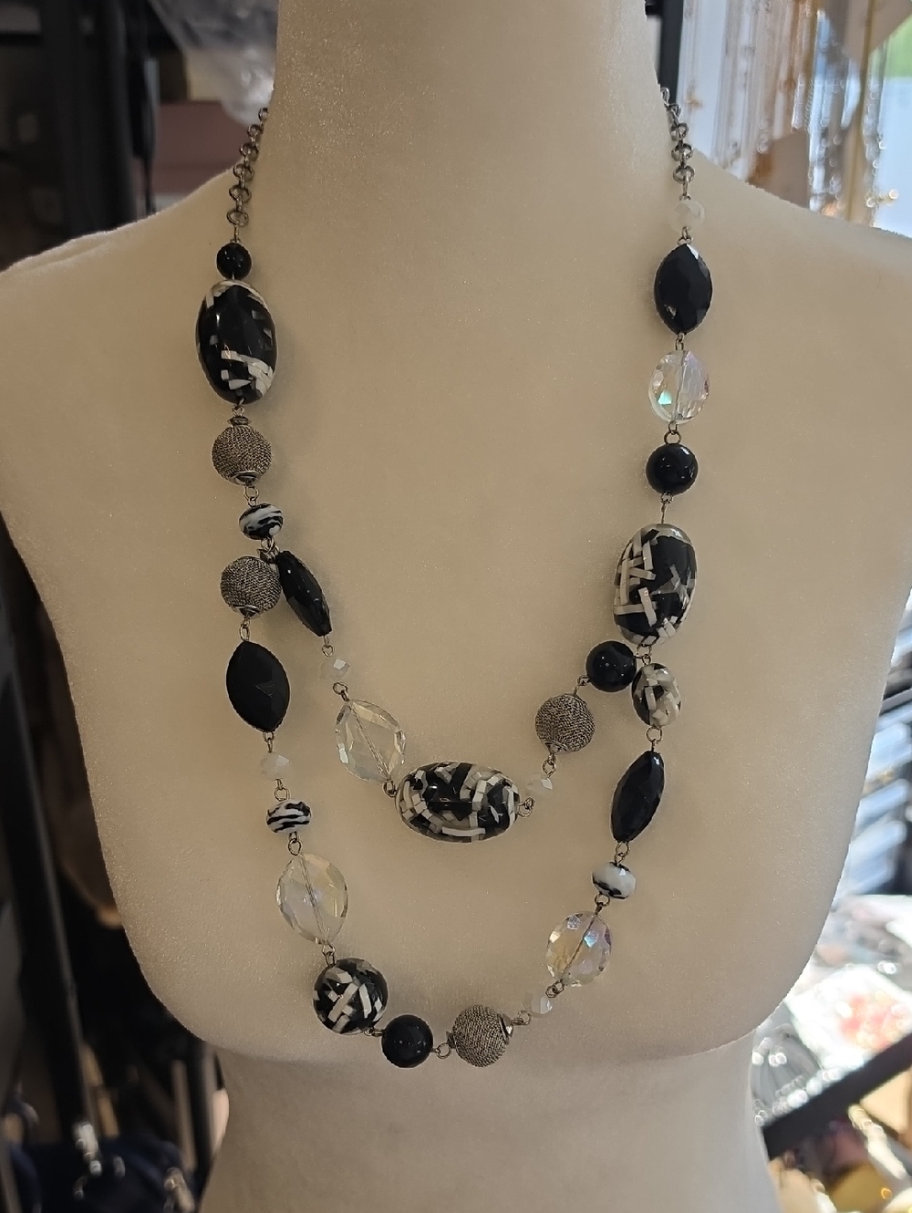 Layered Black & White Beaded Statement Necklace